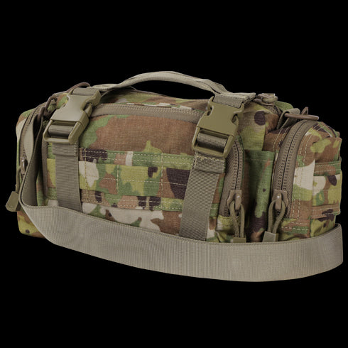 The Condor Deployment Bag 6.5L in Scorpion OCP features a camouflage pattern, multiple zippers, buckles, and an adjustable strap, shown against a white background.